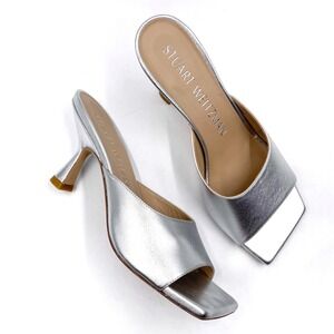 Stuart‎ Weitzman Tia 75 Sandals Silver Leather Mules Heels Square Toe Sz 7